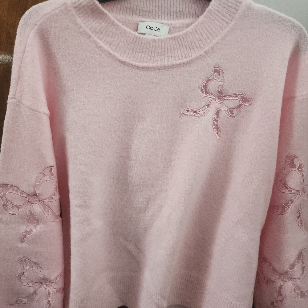 CeCe Soft Pink Crewneck Sweater with Embroidered Bows
